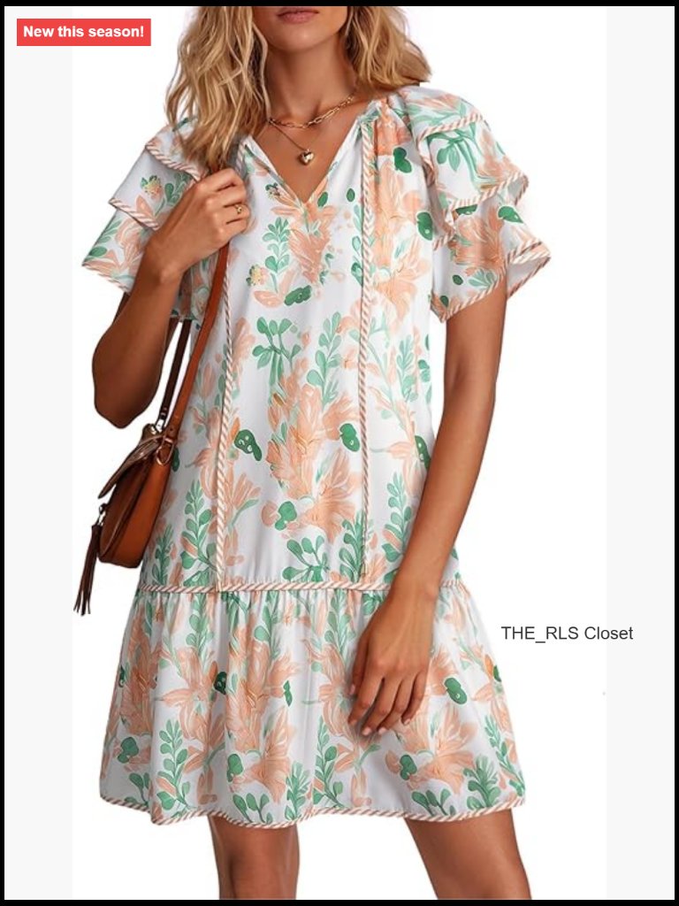 Boho Floral V Neck Drawstring Ruffle Short Sleeve A-Line Swing Mini Dress